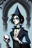 Placeholder: black haired blue eyed young man necromancer wizard with gothic jewelry in the style of charles addams