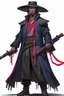 Placeholder: Gunslinger samurai, wearing a duster coat and mempo, with s cybernetic right arm