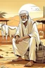 Placeholder: Old man, Arab, turban, white clothes, cattle, desert, council, sun, palm trees, mud houses, holding a stick, looking forward, a very slight smile.cartoon,Sitting on a chair,long beard