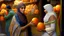 Placeholder: A full-length Palestinian girl wearing an embroidered dress and a white embroidered shawl buys oranges from an old seller wearing a keffiyeh in the market of Jerusalem, 100 years ago, at night with multi-colored lights reflecting on her.