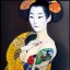 Placeholder: dibujo al oleo de cuerpo entero de una Geisha bella con tatuajes estilo Gustav Klimt