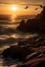 Placeholder: Generate an image of a sunset scene with a group of seabirds resting on rocky cliffs overlooking the ocean. Capture the birds in various states, some in flight, some perched, and others gliding above the waves. Highlight the rugged coastal landscape and the interplay of light and shadow.