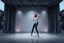 Placeholder: modern stage with gray-blue theme artistic decoration , color full dynamic lighting, a beautiful lady in pants and blouse with sport shoes dancing, 3D recursive fractal structure animating background