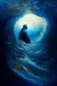 Placeholder: A person drowned in the depths of the seas of the imagination of Arabic poetry, surrounded by calm waves, scattering Arabic letters, guiding him to the light, gradations of blue