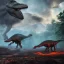 Placeholder: dinosaurs, active volcano, ash, forest, dynamic lighting, dynamic movement, panorama, wide-angled lense, DSLR, dramatic, 8k resolution concept art hyperdetailed dystopian 8k resolution holographic, t-rex, stegosaurus, triceratops, allosaurus