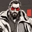 Placeholder: a young man with big muscles who looks like hans gruber wearing a heavy coat and red sunglasses staring with an angry look on his face