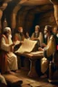 Placeholder: Several Christian priests of the 1st century AD are sitting in a cave and actively arguing and gesticulating, each holding a scroll of Ancient Scripture, on a wooden table in front of them there are many ancient scrolls, all painted with oil paintings in high resolution, in 8k.