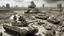 Placeholder: Israeli soldiers and tanks stand on a very large chessboard in the middle of a destroyed city