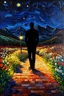 Placeholder: "Creativity is subtraction" has a main subject implied by a man's outline filled with the blackest of black paint. The background has a post-impressionist sky like "A Starry Night." A jagged row of cubism-style mountains is in the distance. A meandering brick path illuminated with solar garden lights and lined with ink-wash painted flowers leads the outline toward the mountains.