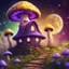 Placeholder: vibrant violet and yellow mushroom house on dirt pillar grassy top outer space. stars, grass, mushroom house, dirt pillar. Detailed gloss Painting, rich color, fantastical, intricate detail, splash screen, hyperdetailed, insane depth, concept art, 8k resolution, trending on artstation