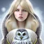 Placeholder: Girl with long wavy brown blond hair, yellow eyes. Wearing a dark white dress with white pink flowers on it. She has a snowy owl with yellow eyes on her shoulder.