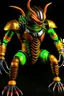 Placeholder: full size image, full body image showing head and feet, (masterpiece, best quality, realistic, detailed, sharp:1.2), intricate details, pixar style realistic scorpion bug, cyborg eyes, perfect hands, perfect fingers, glowing eyes, duplicate shoulders, perfectly shaped fingers, mechanical parts, neon green, black and orange gradient colored armor, highly reflective, perfect armor, smooth armor, gleaming, white background