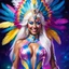 Placeholder: full body photorealistic portrait of a beautiful smiling amazonian carnival goddess with long parma white hair, colorful feathers tight hips with a tron like body suit in a cosmic surounding only blue , pink and yellow