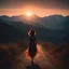 Placeholder: dark night, watching a woman from behind wearing a sleeveless dress who is walking towards a beautiful orange sunrise in the distance, mountains and forests around, photo quality