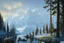 Placeholder: Peder Monk Monsted style, Alaska, summer, blue sky, Moose