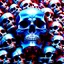 Placeholder: a picture of a dark, comedic, anatomically correct wall of red white and blue tightly packed stacked cyborg skulls of varying sizes and expressions, photo realistic, insanely meticulous, highly detailed, part of a collection of bones on display, 64k, dystopian, vray