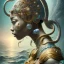 Placeholder: Sango fantasy, fantasy magic, intricate, sharp focus, illustration, highly detailed, digital painting, concept art, matte, art germ and Paul Lewin and Kehinde Wiley, masterpiece Japanese dancer head bronze eel' Asian African girl nice breast Thai hair turquoise silver blue under water