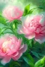 Placeholder: Watercolor bush of pink peony, many leaves, ultra-detailed plant, summer, sun, evening, rain, beautiful landscape, fog, many details, delicate sensuality, realistic, high quality, 3d, work of art, hyperdetalization, professionally, filigree, misty haze, hyperrealism, professionally, transparent, delicate pastel tones, backlight. The contrast is fantastic, unreal, translucent, luminous, clear lines