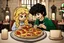 Placeholder: blonde lego girl and curly black haired lego boy eating lego pizza in an italian restaurant in candlelight