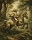 Placeholder: A centaur majestically galloping through the dense forest in the style of gustav dore, fantastical landscape, soft strokes , mythology portrait, classic painting