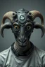 Placeholder: a portrait of a broken head mechanic, man is eating a hybrid mixed body part sheep, giant eyes sheep alien style H.R giger look