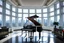 Placeholder: large room on the top floor of the building, with large windows through which you can see the city's skyscrapers. In the white room there are columns every twenty meters. In the center of the room there is a piano, also white, with an elderly man playing a melody and dressed in a tuxedo. A top hat on the piano. In front of the piano is a large mirror in which a figure is reflected, also wearing a tuxedo but with the face of a skull from which worms come out of the nose, eyes and ears and from th