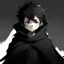 Placeholder: Animated boy with white skin, short and messy hair that is black with white streaks through it, wearing black cloak