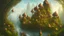 Placeholder: Gigantic mushroom village with balconies, archways, stairs, bridges, bushes, spanish moss, ivy, river, a winding pathway through the middle, in a valley