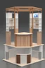 Placeholder: Corner exhibition stand in light colors with wood elements with two meeting areas