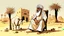 Placeholder: Old man, Arab, turban, white clothes, cattle, desert, council, sun, palm trees, mud houses, holding a stick, looking forward, a very slight smile.cartoon,Sitting on a chair,long beard,Mouth slightly open