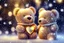 Placeholder: cute teddy bears holding hearts covered in sparkling gold glitter, beautiful winter composition, snowflakes, pine branches, Christmas ornaments and glowing Christmas lights