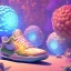 Placeholder: pixar style, volumetric summer garden environment and background, hyper realistic painting of futuristic puffer Nike sneaker, looking excited, volumetric lighting, dramatic lighting, detailed digital painting, anime, ornate, colour-saturated colors, chaotic, small minutiae, tiny features, particulars, centered, smooth, sharp focus, renderman gofur render, 8k, uhd, detailed eyes, realistic shaded volumetric lighting, sunlight caustics, backlight, centered camera view