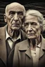 Placeholder: an old couple faces vintage photo with glich technique, grey-brown, defects, graininess, white noise, lines, scratches, glitch art , cinematic