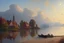 Placeholder: Peder Monk Monsted style, Danube beach, blue sky