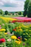 Placeholder: A wide, floral countryside view with cheerful colors in a post-Influencer school style