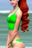 Placeholder: In the style of Viorie, hyper detailed, strikingly beautiful teen female, 16 years old, long ponytail, ginger hair, green eyes, medium freckles, full lips, full body, full face, b-cup breasts, athletic, centred camera, ignore NSFW, bikini, athletic, sitting,