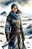 Placeholder: create in ink wash and watercolor, a young, otherworldly lost Siberian nomadic female huntress, fantasy art character, with highly detailed, sharply lined and deeply weathered facial features, outside her yurt in a desolate tundra steppe landscape , in natural winter tundra colors, 4k