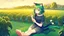 Placeholder: Girl, green hair, cat paws in hand, farm, sit, cat paws in feet