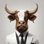 Placeholder: 2D, a (brown bull [Billy] with horns) wearing a white shirt and black tie. Happy face. No text. White background