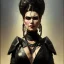 Placeholder: painted portrait of evil goddess in black leather, angry, strong, volouptous, busty, cleavage, emperious, mature, highly detailed, digital painting, artstation, concept art, smooth, sharp focus, illustration, art by gaston bussiere and alphonse mucha