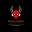 Placeholder: minimalist logo for rock band orange text "SARDONIC HARMONY" in a futuristic robotic font, sinister evil marshmallow head with headphones and red flames, dark negative space, stylish, WTF!