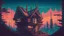 Placeholder: small Wooden European Cabin, In cyberpunk city-skyline, comic style