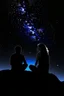 Placeholder: black background on a mountaintop with two silhouettes of a fit man and a silhouette of a fit woman sitting close to each other almost touching and looking at the stars