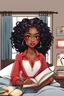 Placeholder: close up of a cute chibi illustration of a black girl teen art with long black curly hair, wearing red lipstick, sitting on her bed, in her bedroom holding her schoolbooks, she has large brown eyes, wearing a cute outfit, in the style of VASHT, HARRISON, GORDON C. JAMES, PRINCESS KARIBO, --no extra limbs