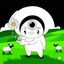 Placeholder: Make black and white cute drawing of a Cyclops with black bold lines. Only outline, no grayscale. A kind and gentle cyclops holding a flower in one hand, with a single large eye that sparkles. Place him in a green valley surrounded by sheep, emphasizing his softer side.