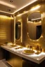 Placeholder: Women's bathroom, beautiful and tidy, with golden lighting