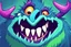 Placeholder: closeup of a smiling monster's face, big teeth, fur, bumps and horns, my pet monster inspiration, urban character design