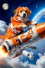 Placeholder: white and orange dog flies to the moon on top of the a rocket