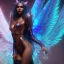 Placeholder: full body shot, masterpiece, best quality, black skinned, sparkling eyes, long hair, gorgeous Fairy,wings,fluorescent skin,light blue makeup,synthwave, indigo, trasparent , irridescent, highly detailed body, sun light, 4K, RAW, depth of field, high contrast, realistic details, 24mm vaporwave aesthetic, synthwave, artstation, concept art, smooth, extremely sharp detail, finely tuned detail, ultra high definition, 8 k, unreal engine 5, ultra sharp focus