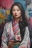 Placeholder: ultra detailed urban modern portrait painting of a Korean woman in a modern hanbok with urban graffiti background